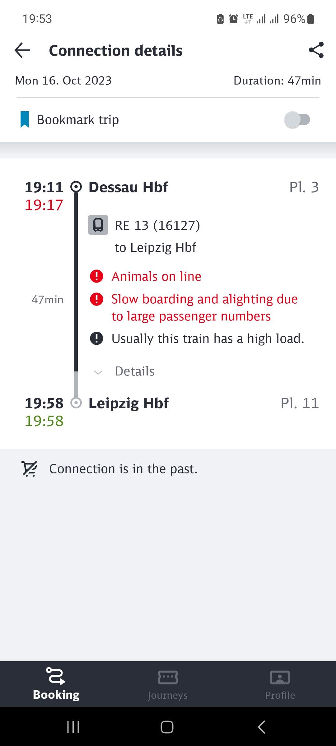 DB App showing the delay for my journey from Dessau to Leipzig due to animals on the line